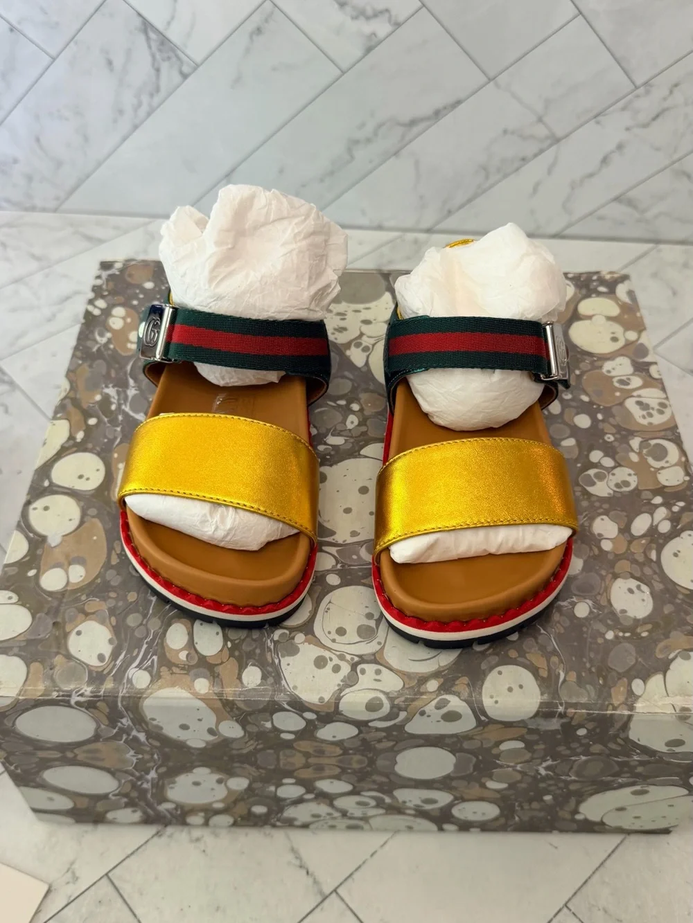 GUCCI KIDS Metallic Yellow & Green Sport Sandals
